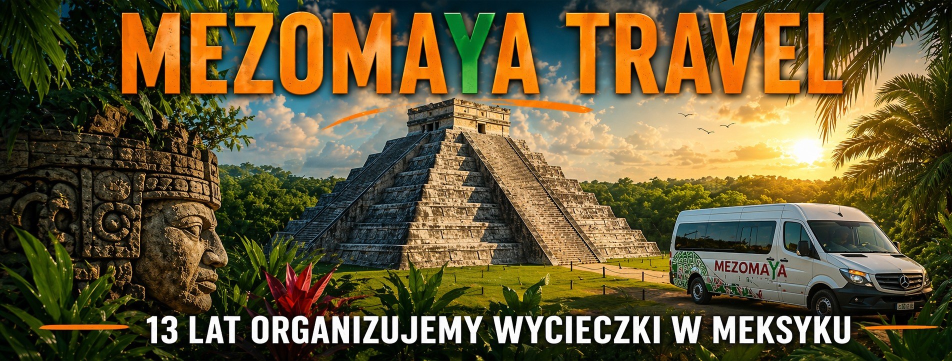 Mezomaya Travel portada con pirámide maya y transporte turístico